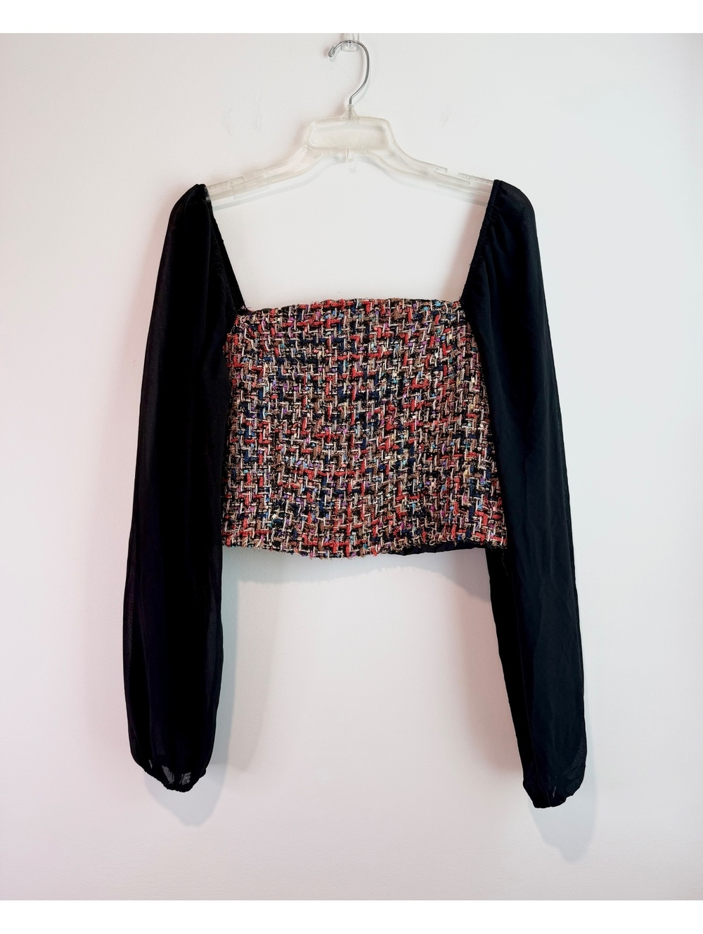 GiGiO Tweed Crop Top with Black Sheer Long Sleeves, Size Large